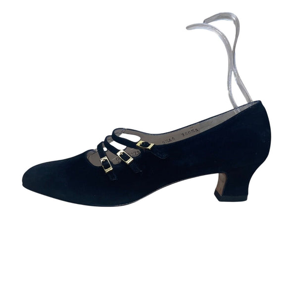 Salvatore Ferragamo Women’s Black Suede Strapped Low Heel Pumps Size 9.5AA