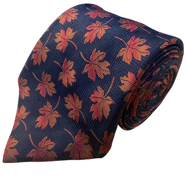 Ben Silver Mens Navy & Red 100% Silk Floral Handmade Tie Autumn Leaf Pattern