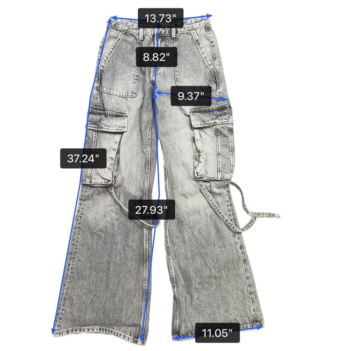 Zara Womens Gray Denim Wide-Leg Cargo Pants With Side Straps Size 2