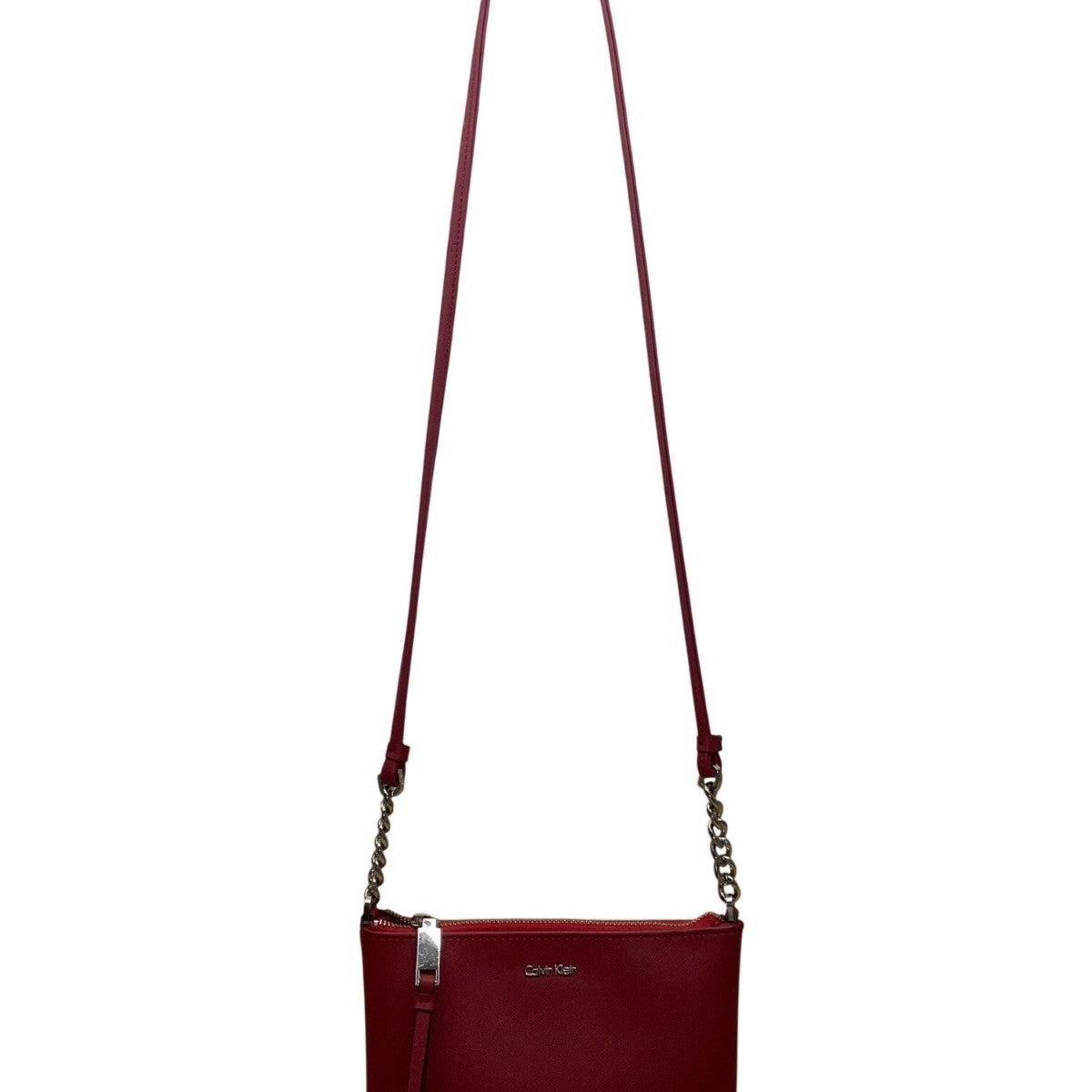 Calvin Klein Women’s Red Faux Leather Chain Strap Zip Closure Crossbody Bag