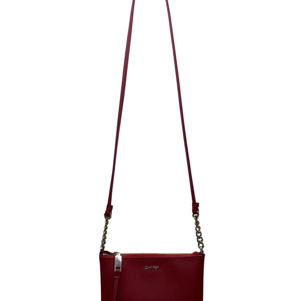 Calvin Klein Women’s Red Faux Leather Chain Strap Zip Closure Crossbody Bag