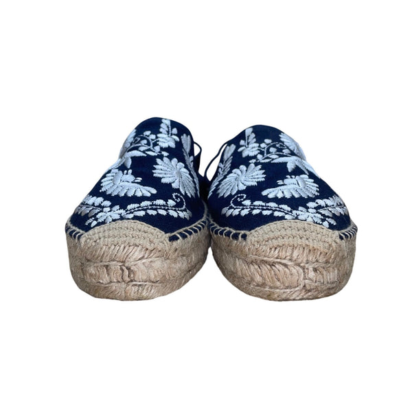 Soludos Women’s Blue Jute White Embroidery Slip-On Espadrilles Shoes Size 8