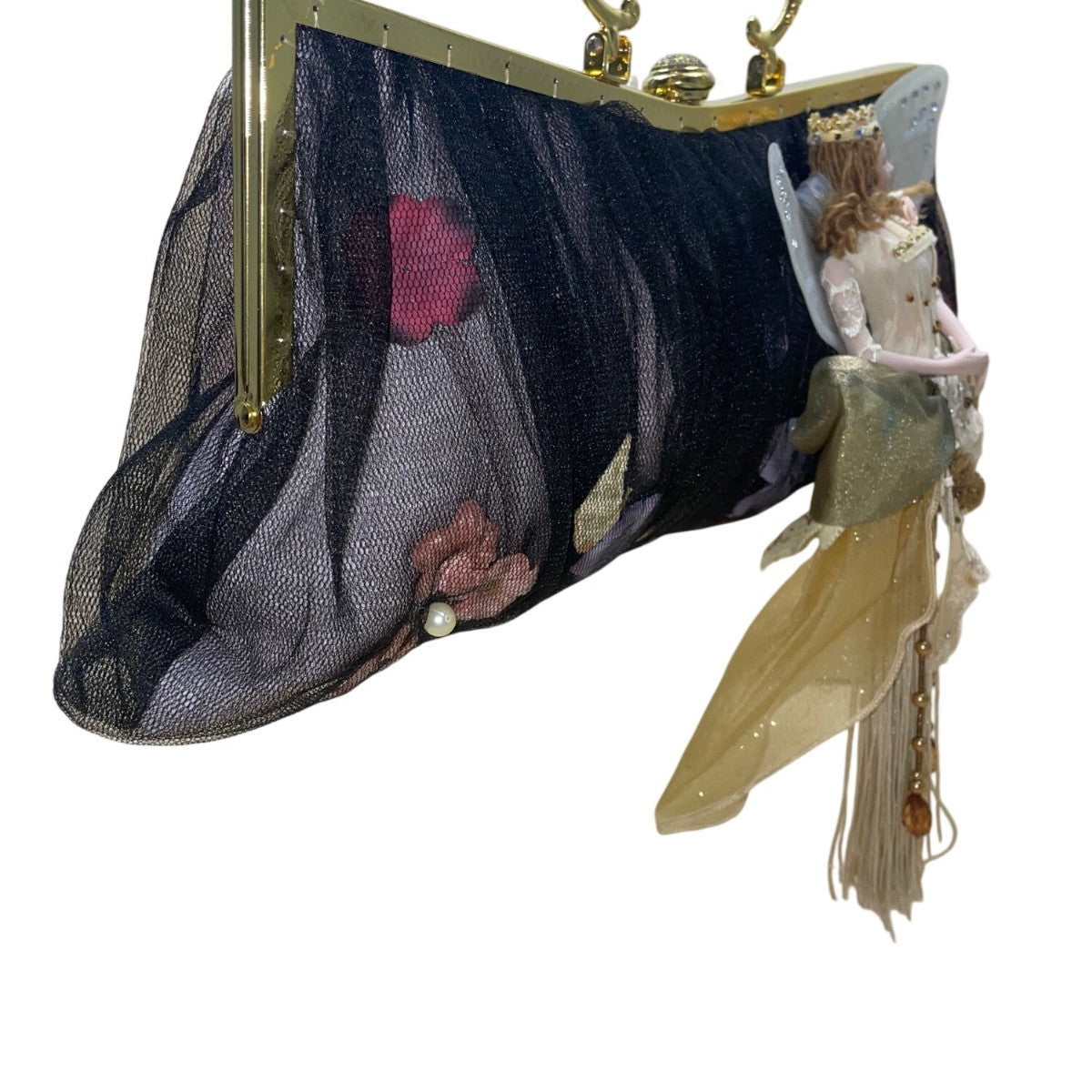 Vintage Black Mesh Fairy Themed Handbag With Gold Frame Unique Evening Bag