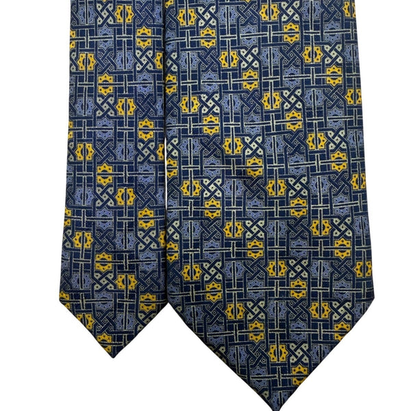Brioni Mens Blue Yellow Silk Geometric Tie Handmade In Italy Elegant Design