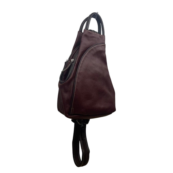 Women’s Burgundy Leather Multiple Compartments Sling Adjustable Straps Backpack