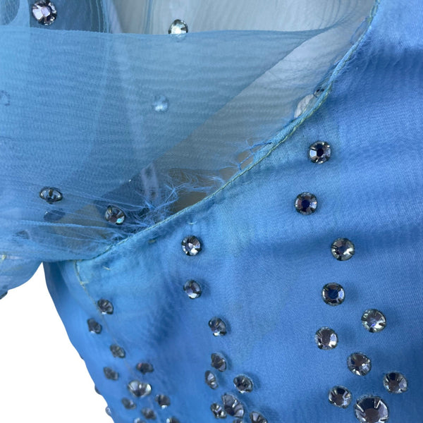 Vintage Womens Blue Embellished Sheer Long-Sleeve Gown With Beaded Overlay