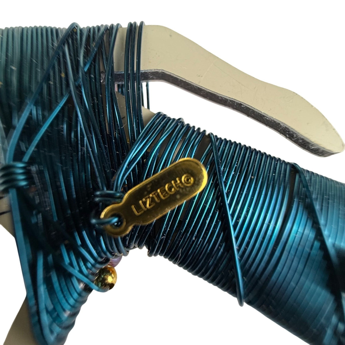 Liztech Gold Tone & Teal Figure Brooch Unique Wire Wrapped Beads Crystals