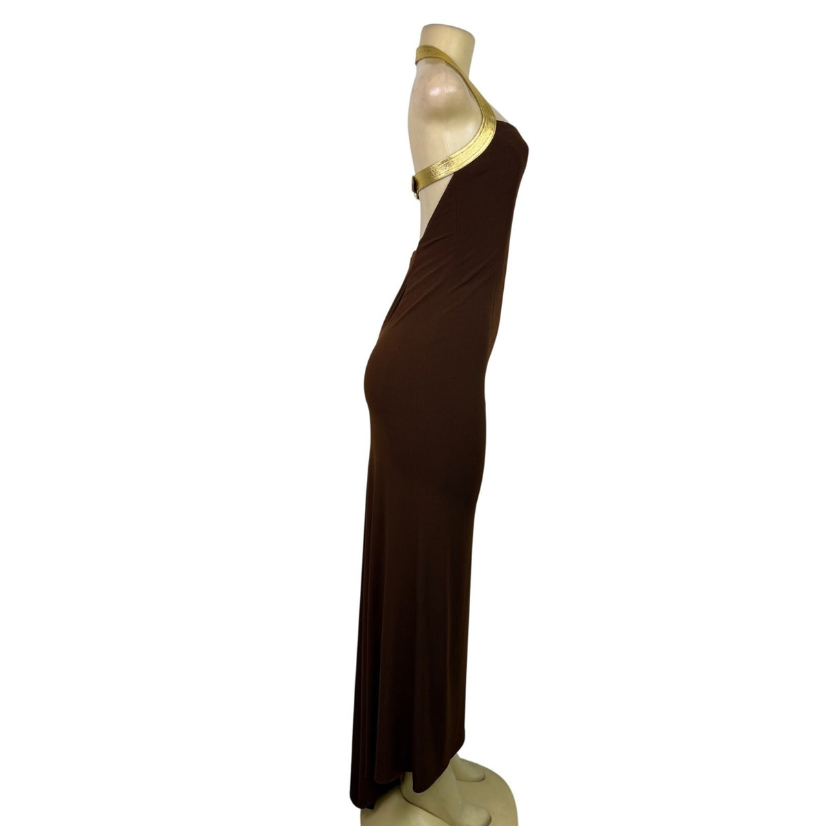 Cache Womens Brown Halter Maxi Gown With Metallic Gold Straps Sz 4