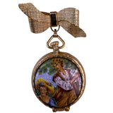 Vintage Gold Tone Enameled Womens Locket Brooch Hand-Painted Pastoral Scene Bow