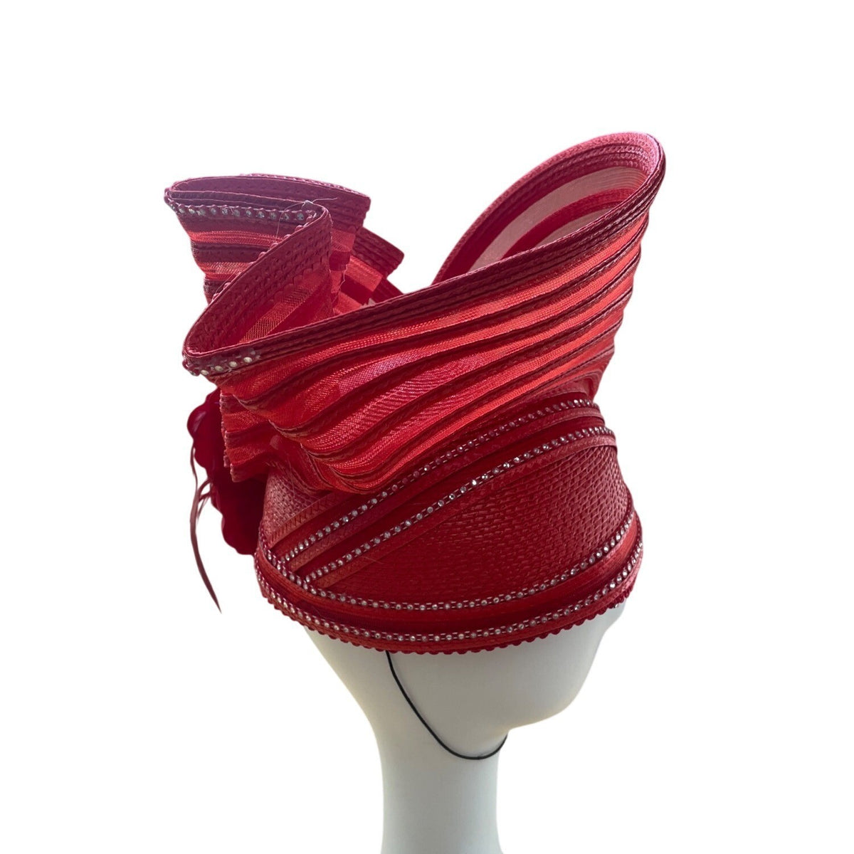 Elegant Red Sinamay Womens Hat With Floral Accents & Decorative Mesh Detailing