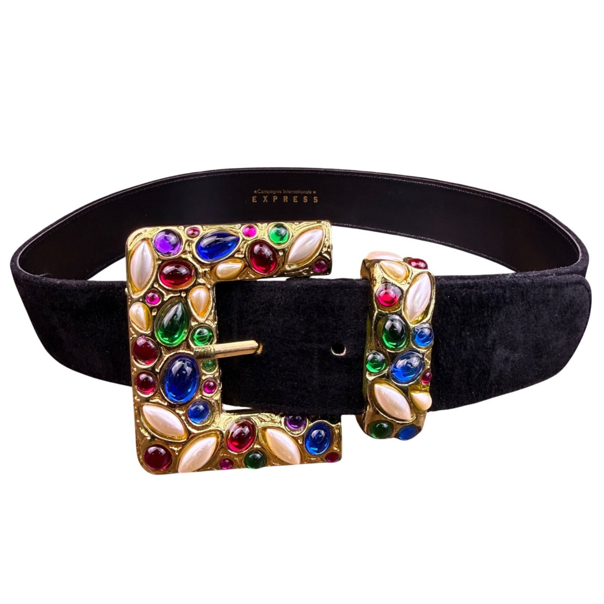 Express Womens Black Leather Belt Gold Jeweled Buckle Sz M
