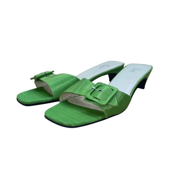 Bijou Women’s Green Fabric & Buckle Detail Square-Toe Heeled Sandals Size 9M