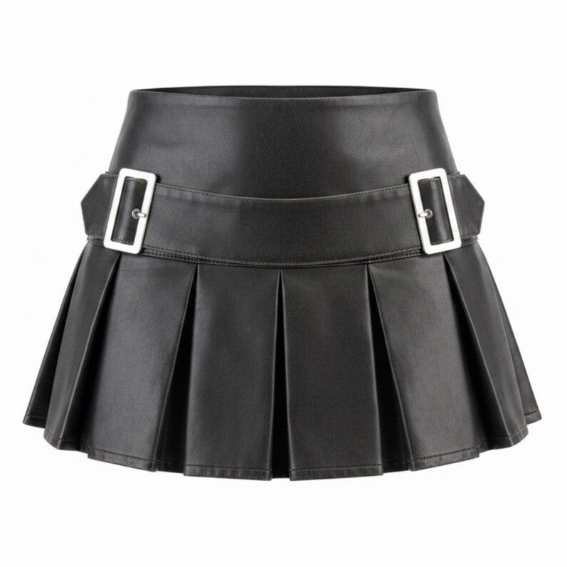 Pretty Little Thing Women Black Faux Leather Mini Pleated Skirt W/Buckle Sz  0
