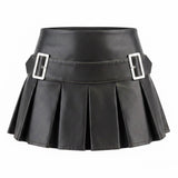 Pretty Little Thing Women Black Faux Leather Mini Pleated Skirt W/Buckle Sz  0