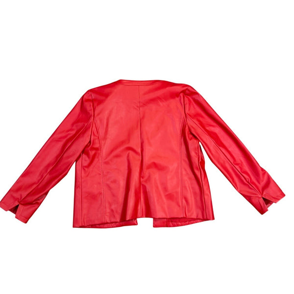 Chicos Red Quilted Faux Leather Jacket Open Front Diamond Stitching Women Sz1