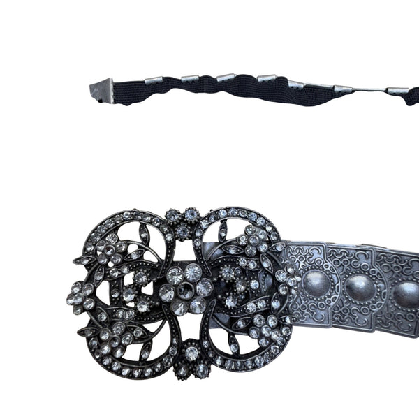 1980s Armenian Black & Silver Belt Metal Embellished Elastic Adjustable