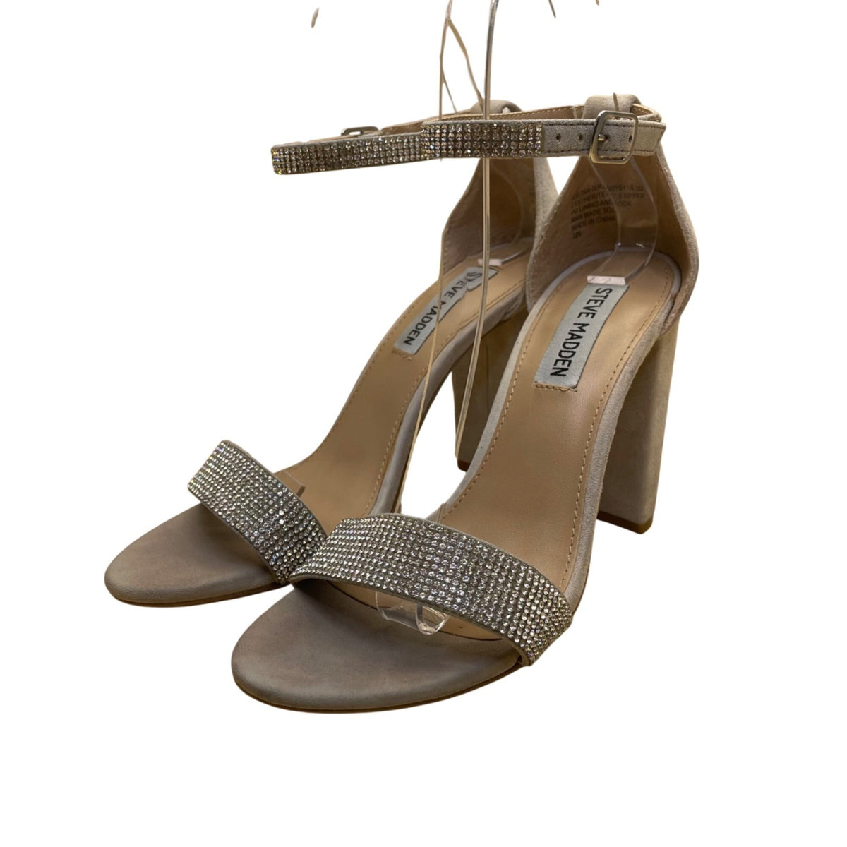Steve Madden Women’s Taupe Suede Rhinestone Strap Block Heel Sandals Size 6.5M