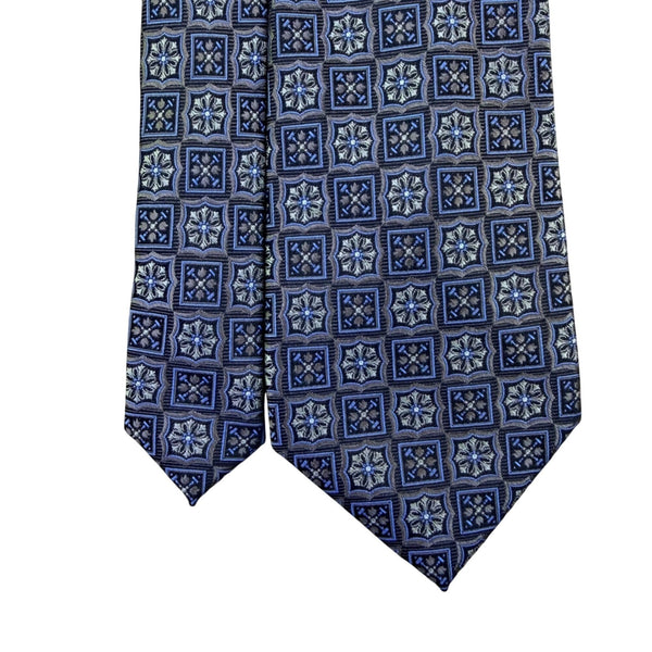 Pronto Uomo Men’s Blue & Gold Silk Geometric Pattern Handmade Neck Tie