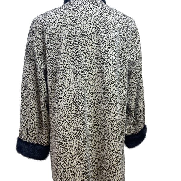 Silverman Furs Womens Black Mink Trim Leopard Print Coat Elegant Outerwear