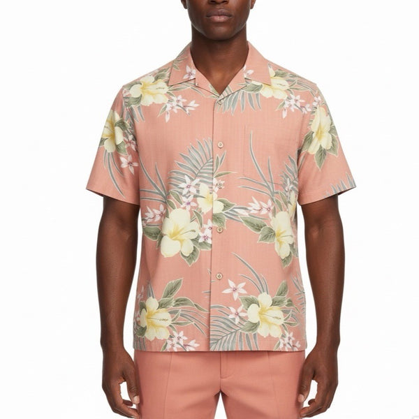 Tommy Bahama Mens Pink Floral 100% Silk Hawaiian Shirt Size L