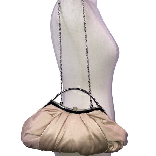 Lulu Townsend Women’s Beige Satin With Chain Strap  Pleated Clutch Evening Bag