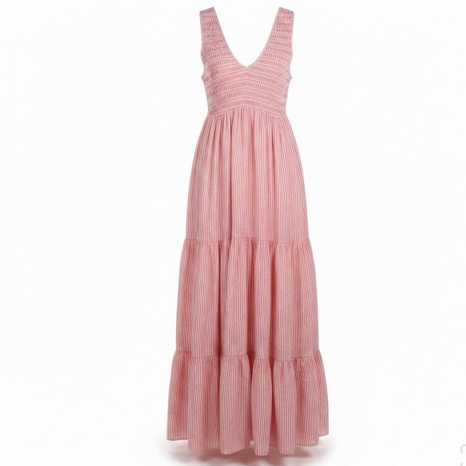 Free People Womens Pink Striped Maxi Sundress Sleeveless Smocked V-Neck Size XS