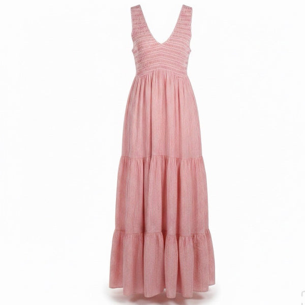 Free People Womens Pink Striped Maxi Sundress Sleeveless Smocked V-Neck Size XS