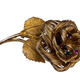 Vintage Gold Tone Wire Rose Rhinestone Brooch Jewelry Floral Design