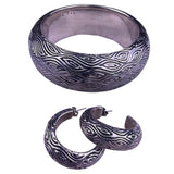 Sterling Silver 925 Womens Etched Bangle Bracelet & Hoop Earrings Set Vintage
