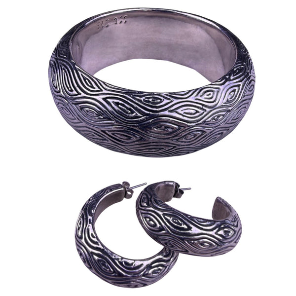 Sterling Silver 925 Womens Etched Bangle Bracelet & Hoop Earrings Set Vintage