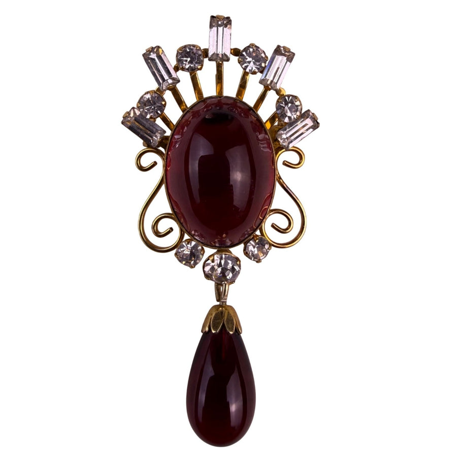 Van Dell Womens Red Cabochon & Crystal Brooch Pin 1/20 12KGF Gold Filled Vintage