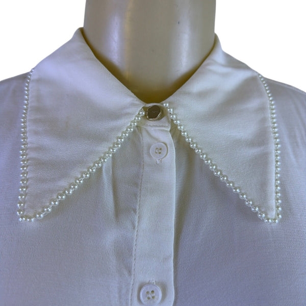 Ted Baker Womens White Button-Up Shirt With Pearl-Embellished Collar Sz 2