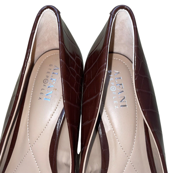 Alfani Women’s Brown Manmade Crocodile-Embossed Pointed-Toe Jeules Heels Sz 7.5M