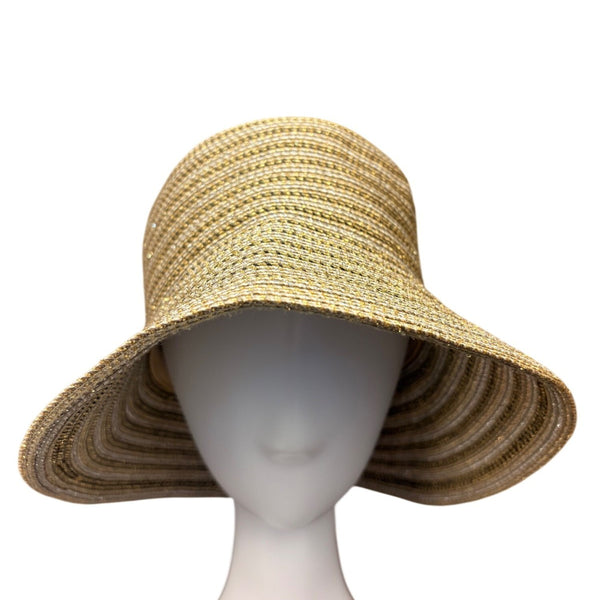 Eric Javits Womens Gold Wide Brim Sun Hat Lightweight Metallic Straw Blend
