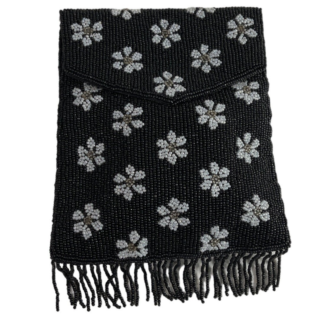 Handcrafted Women's Black Beaded Flowers Pattern Handbag Clutch Sz S
