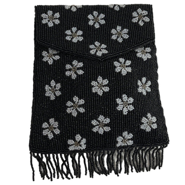 Handcrafted Women's Black Beaded Flowers Pattern Handbag Clutch Sz S
