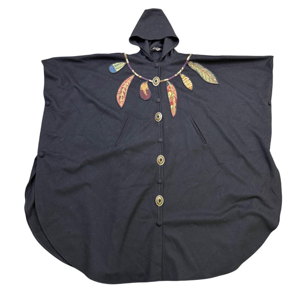 Coloratura Womens Black Wool Hooded Poncho With Feather Appliqué One Size