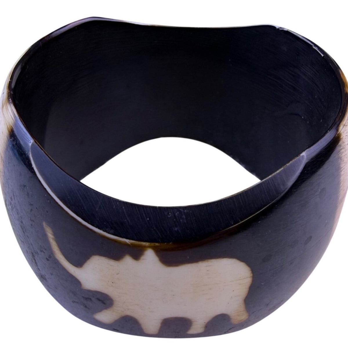 Vintage Chunky Horn Bangle Bracelet With Elephant Inlay Black & Beige Women