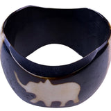 Vintage Chunky Horn Bangle Bracelet With Elephant Inlay Black & Beige Women