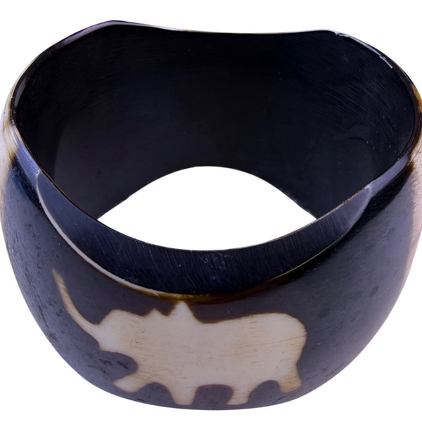Vintage Chunky Horn Bangle Bracelet With Elephant Inlay Black & Beige Women