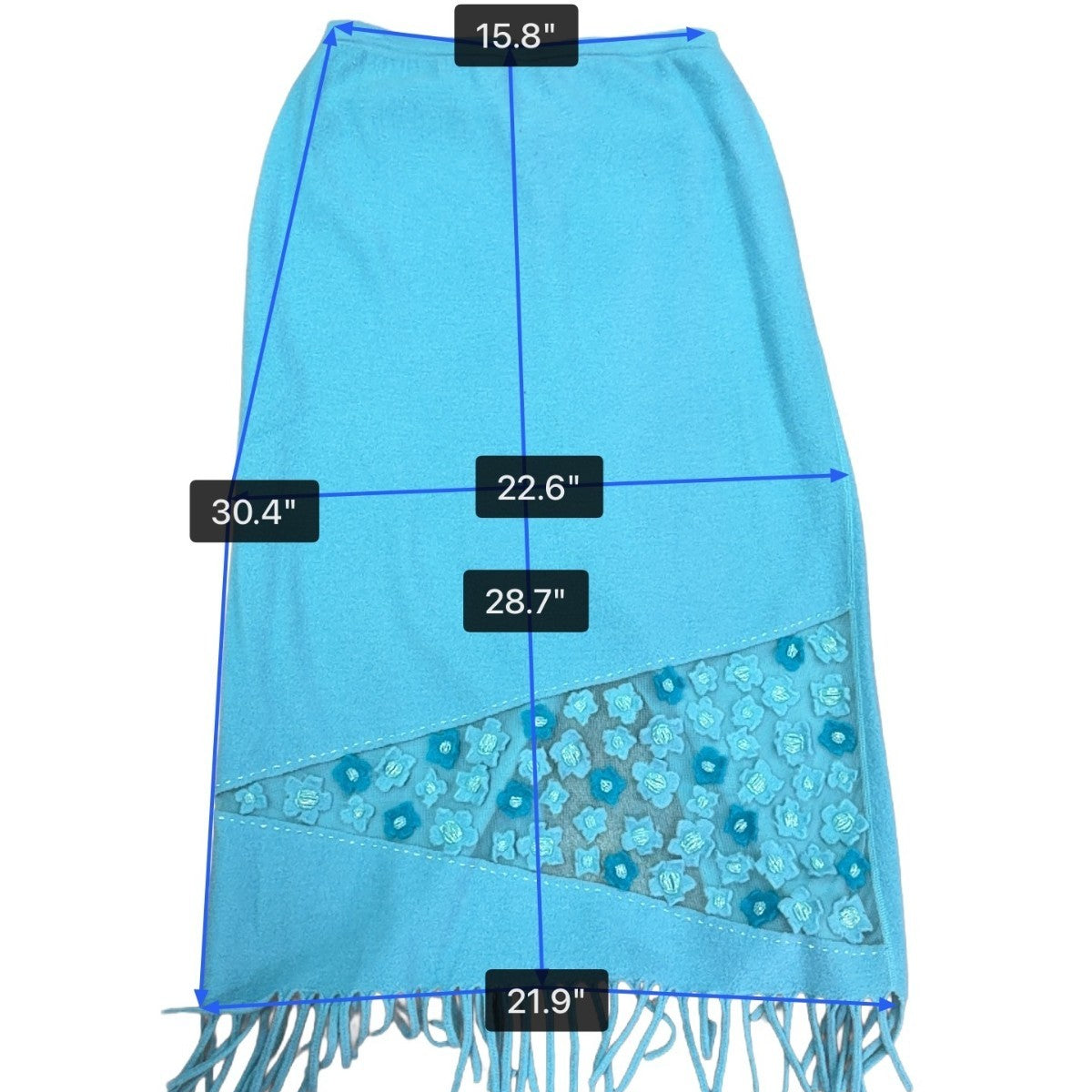 Rickie Treeman Teri Jon Womens Teal Wool Skirt & Scarf Set Fringed Floral Sz XL