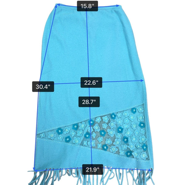 Rickie Treeman Teri Jon Womens Teal Wool Skirt & Scarf Set Fringed Floral Sz XL