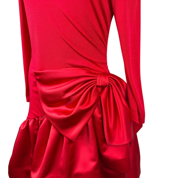 Morton Myles Womens Red Satin Tiered Bow Detail Long Sleeve Elegant Dress Sz 10