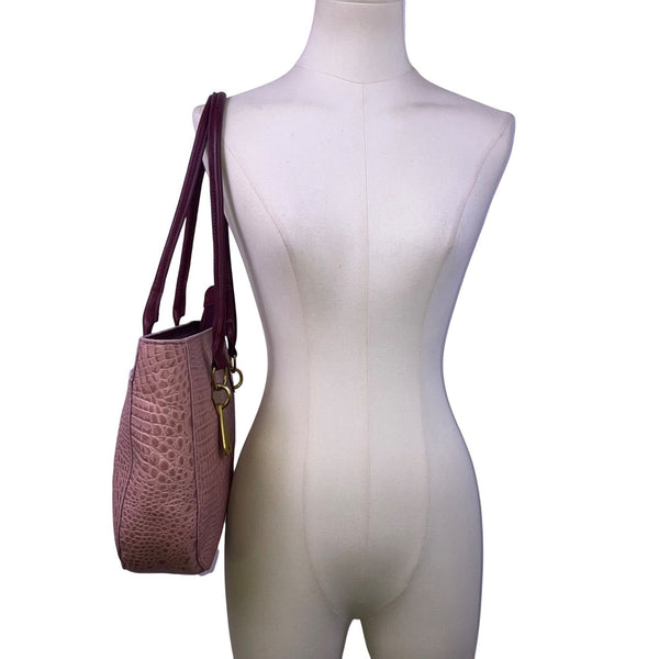 Hidesign Women’s Burgundy Leather Croc-Embossed Gold Detail Dual Straps Tote Bag