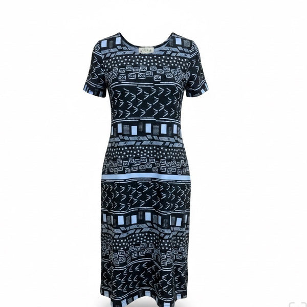 Orvis Womens Navy Tribal Print Midi Dress Relaxed Fit Comfortable Size M
