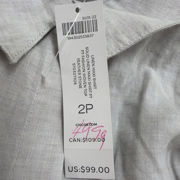 Chicos Womens Light Gray Linen-Blend Button-Down Long Shirt Dress Size 2P