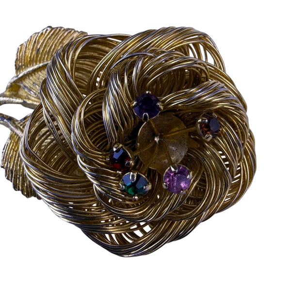Vintage Gold Tone Wire Rose Rhinestone Brooch Jewelry Floral Design