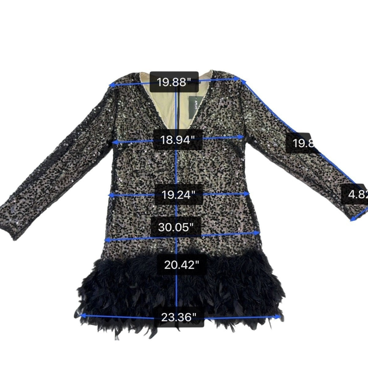 Xpluswear Womens Black Sequin Feather Hem Long Sleeve Cocktail Dress Plus Sz XL