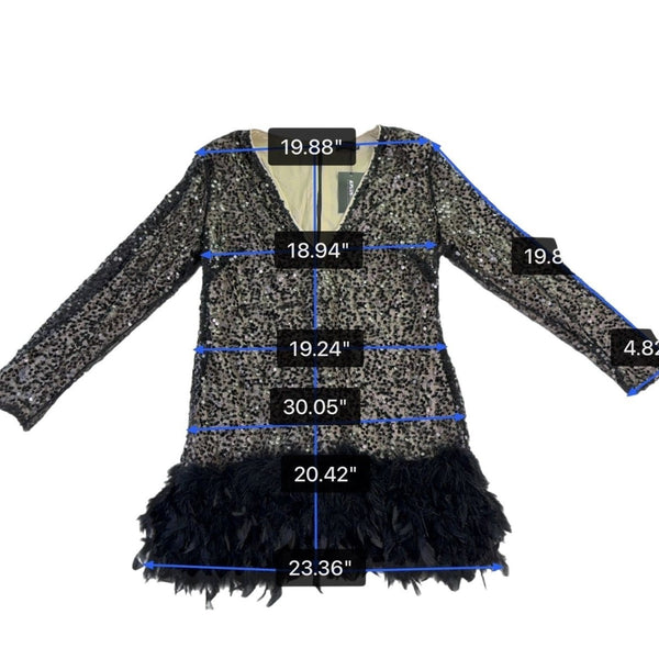Xpluswear Womens Black Sequin Feather Hem Long Sleeve Cocktail Dress Plus Sz XL