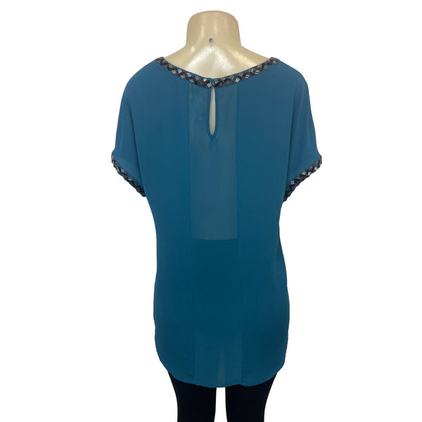 Pleione Women's Blue Blouse Shirt With Bead Accents Sz L- NWT